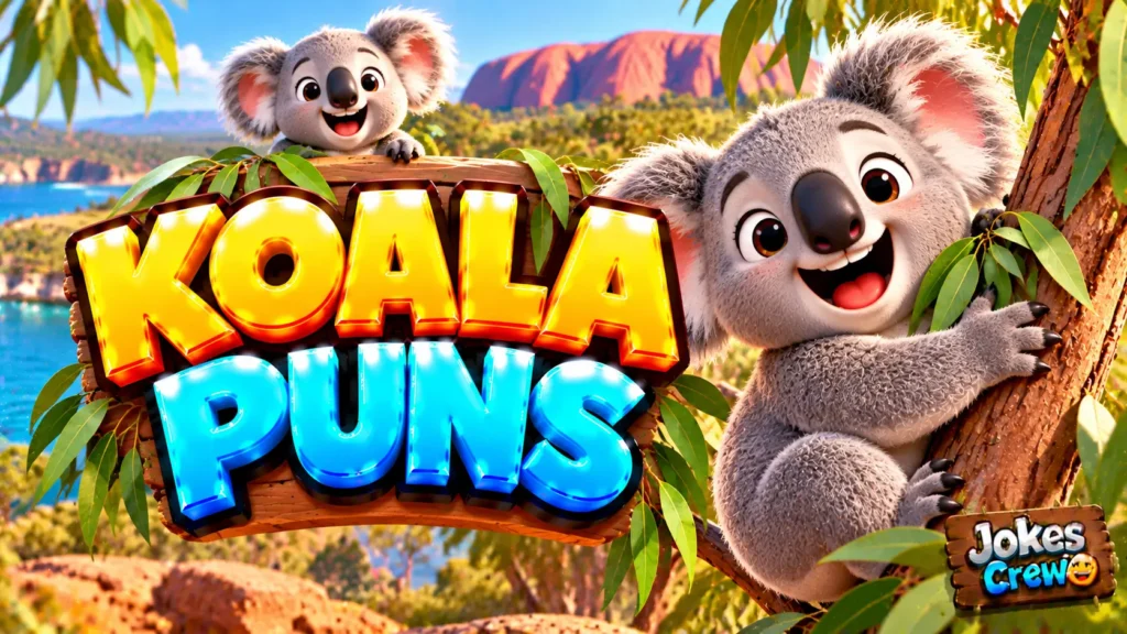 Koala Puns thumbnail with glossy 3D lettering, smiling koala mascot, eucalyptus leaves, and Australian scenery