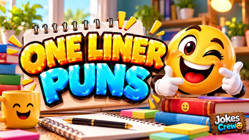 One Liner Puns thumbnail with glossy 3D lettering, laughing emoji mascot, colorful books, and a smiling mug