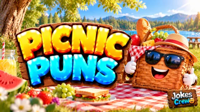 Picnic Puns thumbnail with glossy 3D lettering, smiling picnic basket mascot, sandwiches, fruit, and sunny lake