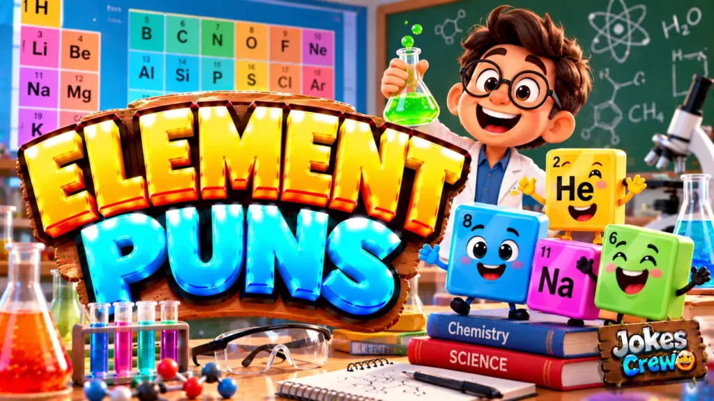 Element Puns thumbnail with glossy 3D lettering, smiling scientist, colorful element mascots, and chemistry lab