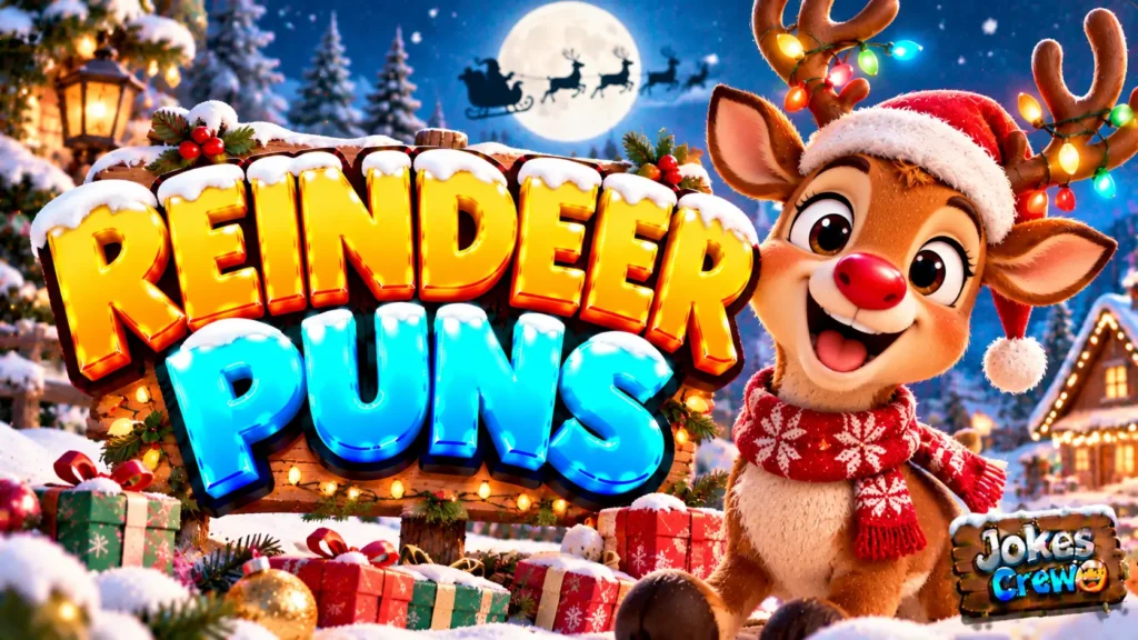 Reindeer Puns thumbnail with glossy 3D lettering, smiling red-nosed reindeer, Christmas lights, gifts, and snowy scenery