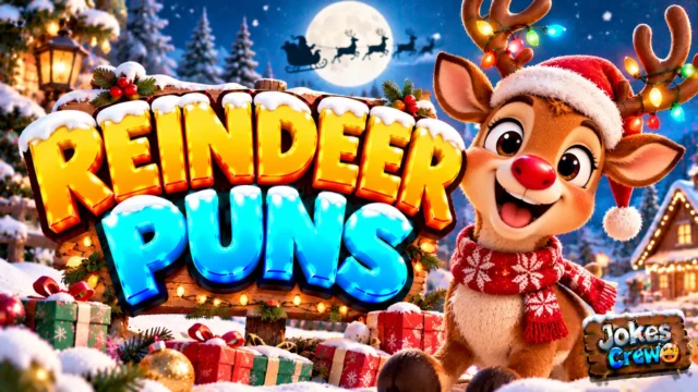 Reindeer Puns thumbnail with glossy 3D lettering, smiling red-nosed reindeer, Christmas lights, gifts, and snowy scenery