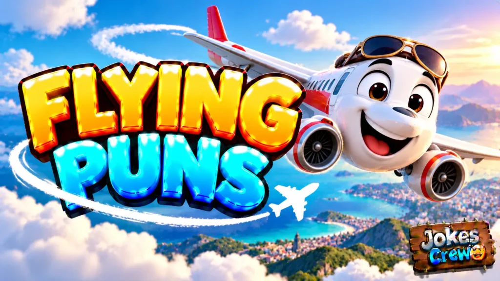 Flying Puns thumbnail with glossy 3D lettering, smiling airplane mascot, fluffy clouds, and colorful coastal scenery
