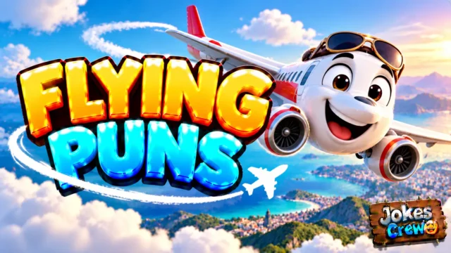 Flying Puns thumbnail with glossy 3D lettering, smiling airplane mascot, fluffy clouds, and colorful coastal scenery