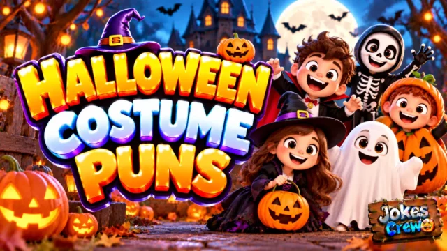 Halloween Costume Puns thumbnail with glossy 3D lettering, cute witch, vampire, ghost, skeleton, and pumpkin costumes