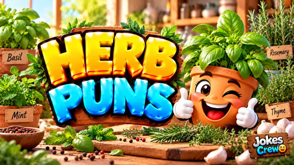 Herb Puns thumbnail with glossy 3D lettering, smiling herb pot mascot, basil, mint, rosemary, and thyme