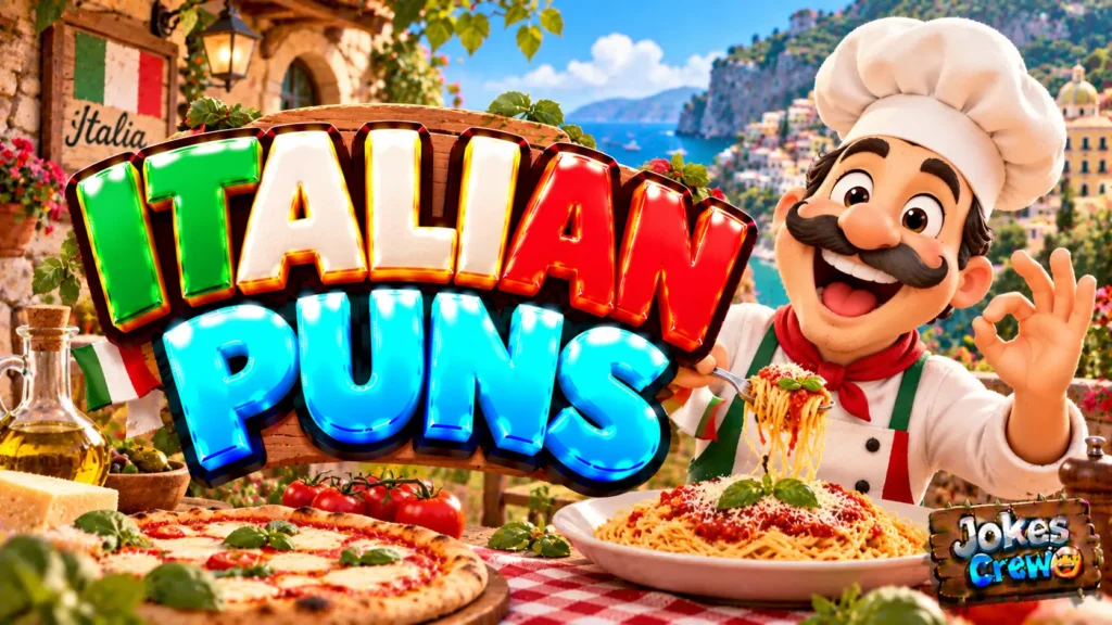 Italian Puns thumbnail with glossy 3D lettering, smiling Italian chef, pizza, pasta, and colorful coastal scenery