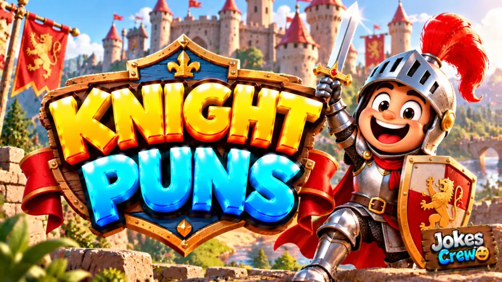 Knight Puns thumbnail with glossy 3D lettering, cheerful armored knight, sword, shield, and medieval castle