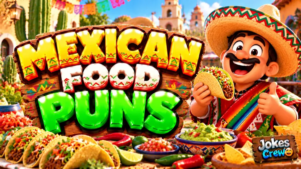 Mexican Food Puns thumbnail with glossy 3D lettering, smiling taco mascot, guacamole, salsa, peppers, and cacti