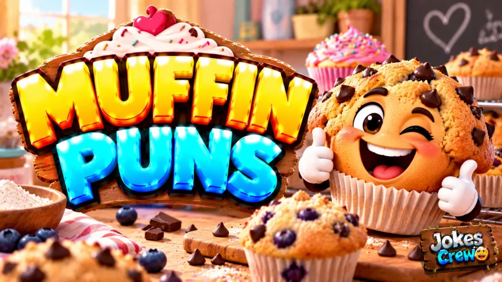 Muffin Puns thumbnail with glossy 3D lettering, smiling chocolate-chip muffin mascot, cupcakes, blueberries, and chocolate