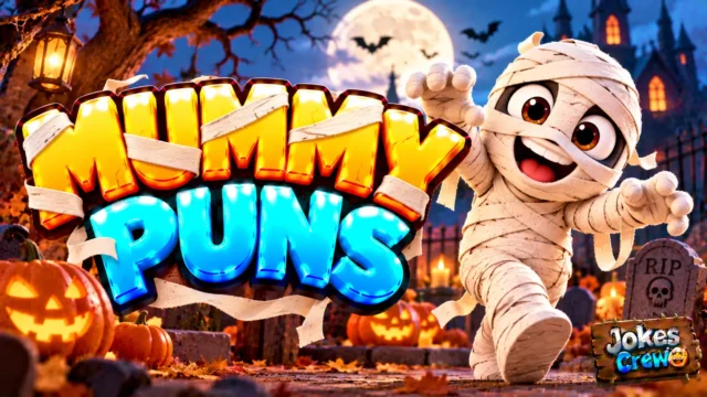Mummy Puns thumbnail with glossy 3D lettering, smiling mummy mascot, glowing pumpkins, bats, and haunted mansion