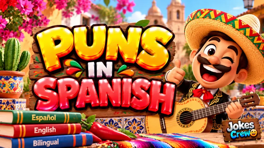 Puns in Spanish thumbnail with glossy 3D lettering, cheerful mariachi mascot, guitar, cactus, and colorful tiles