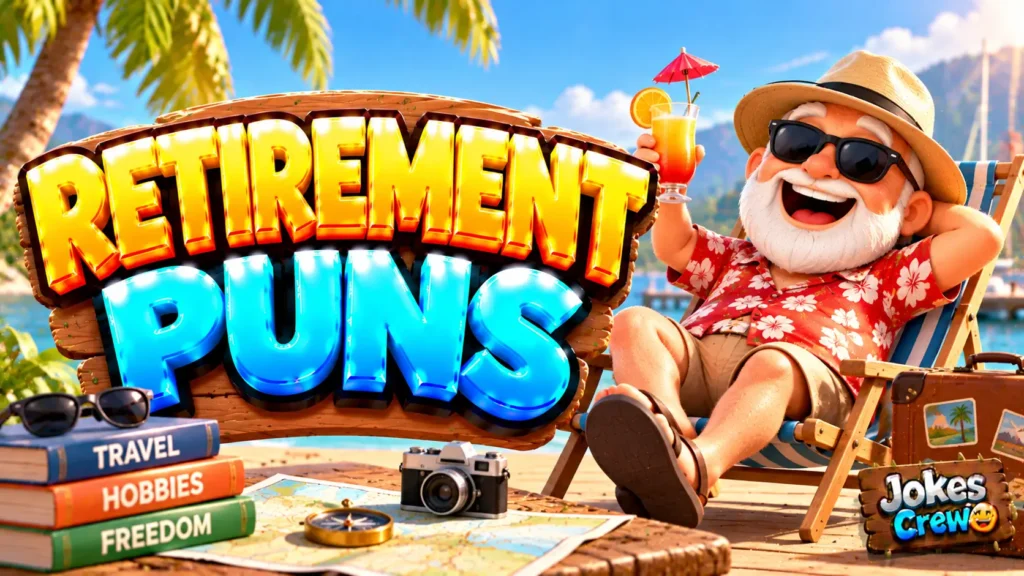 Retirement Puns thumbnail with glossy 3D lettering, smiling retiree mascot, tropical drink, beach chair, and palm trees