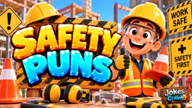 Safety Puns thumbnail with glossy 3D lettering, smiling hard-hat worker, safety vest, cones, and goggles