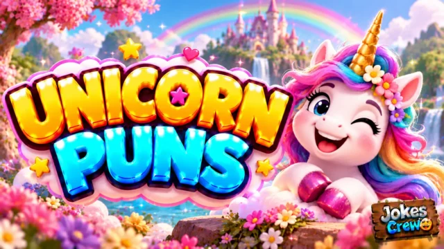 Unicorn Puns thumbnail with glossy 3D lettering, smiling rainbow-maned unicorn, rainbow, castle, and flowers