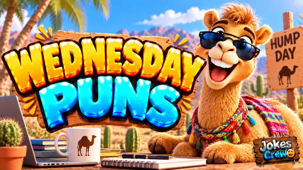 Wednesday Puns thumbnail with glossy 3D lettering, smiling camel mascot, coffee mug, cactus, and Hump Day sign