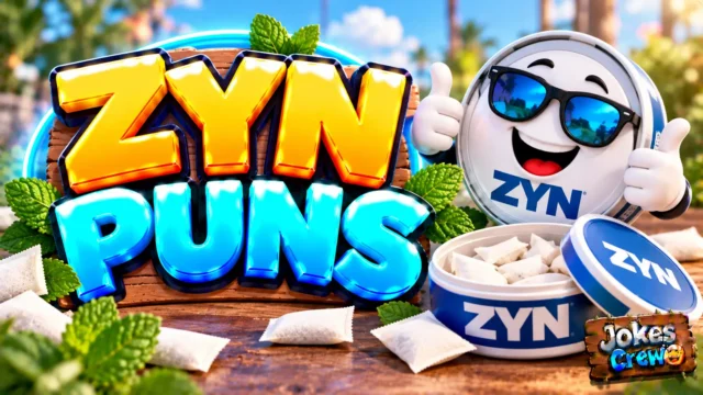 Zyn Puns thumbnail with glossy 3D lettering, playful blue tin mascot, mint leaves, and white pouch illustrations