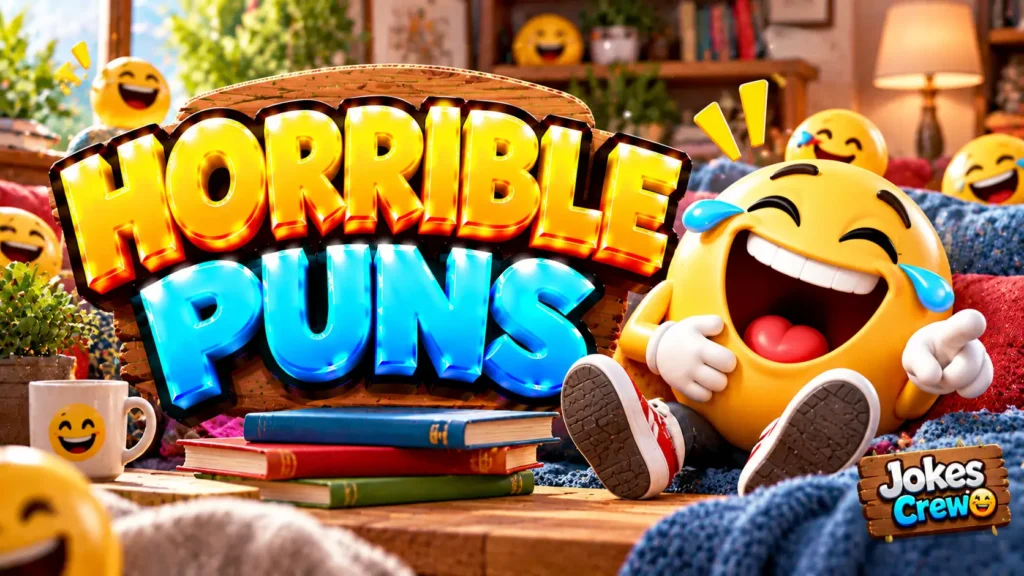 Horrible Puns thumbnail with glossy 3D lettering, laughing emoji mascot, colorful books, and cozy room