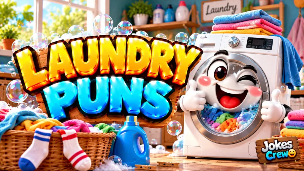Laundry Puns thumbnail with glossy 3D lettering, smiling washing machine mascot, laundry baskets, bubbles, and towels