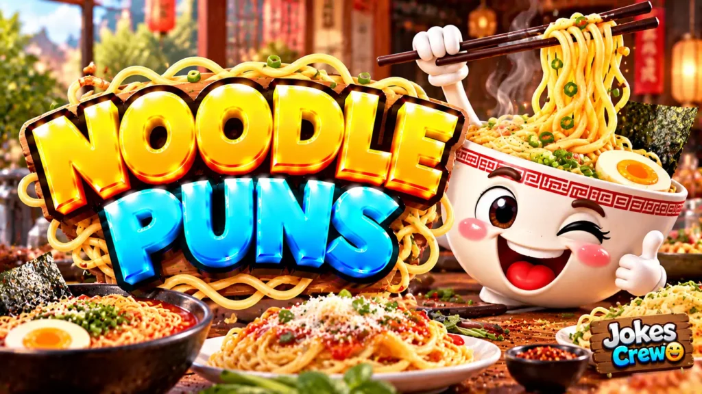 Noodle Puns thumbnail with glossy 3D lettering, smiling ramen bowl mascot, chopsticks, noodles, and toppings